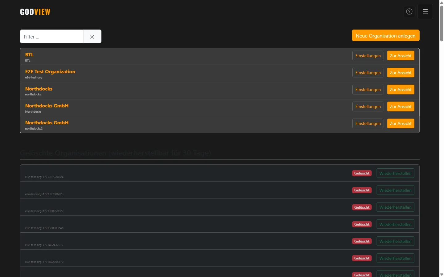 Screenshot: Organisations-Übersicht
