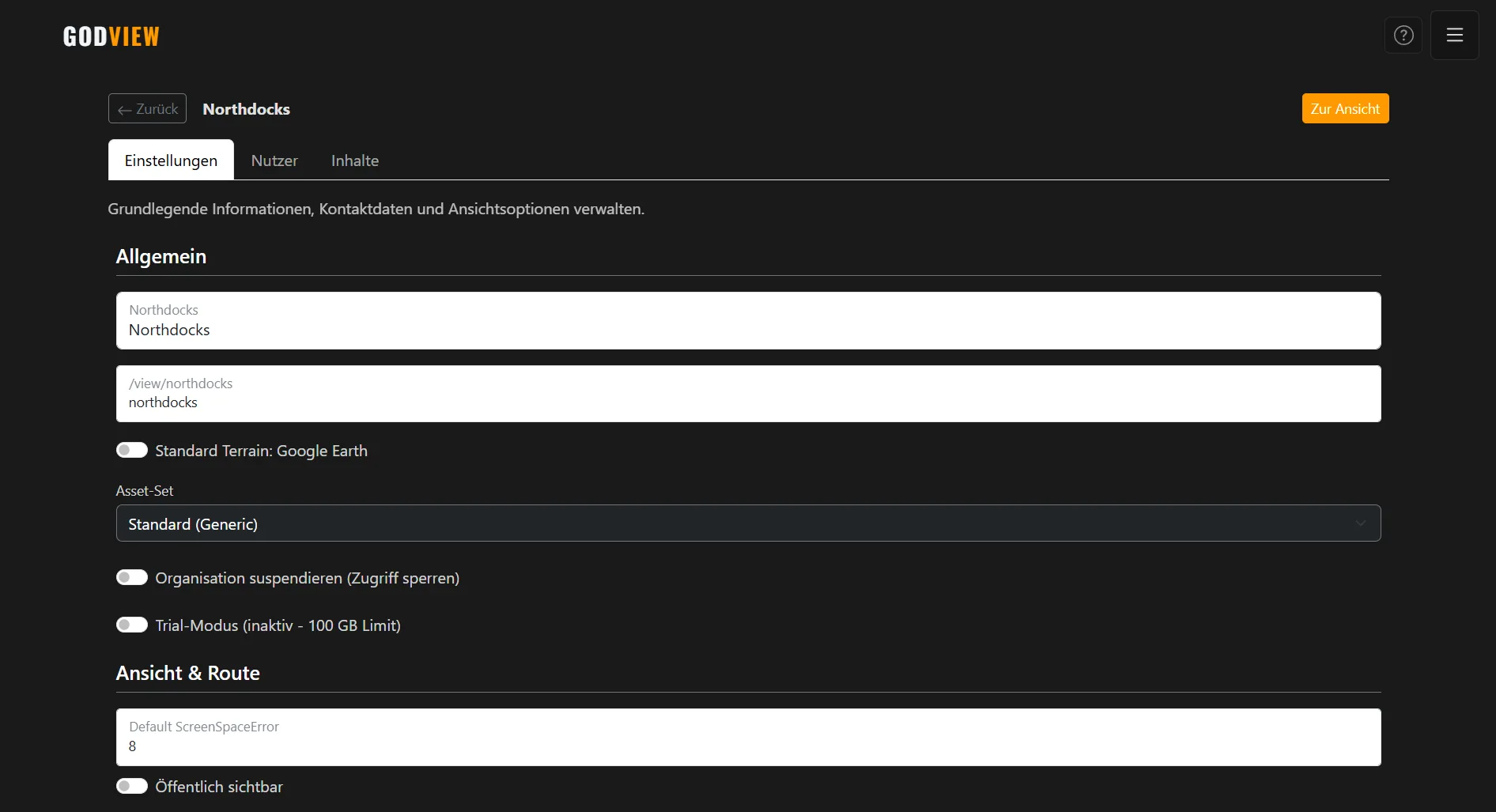 Screenshot: Organisations-Einstellungen