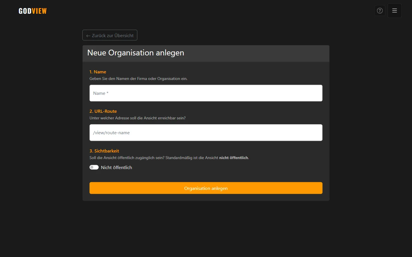 Screenshot: Neue Organisation erstellen