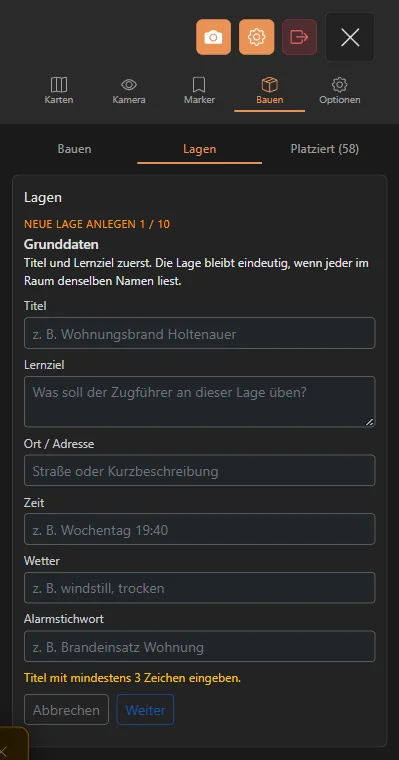 Screenshot: Lage aufbauen